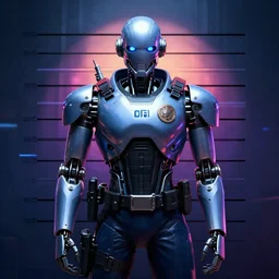 Cyberpunk Robot police Mugshot with cyberpunk aesthetic, digital art made