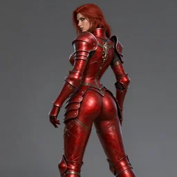 Female paladin, dnd, d&d, leggins, red skintight leather armor, red hair, looking from behind, visible face, beautiful face, derriere, high fantasy, matte painting, by wlop