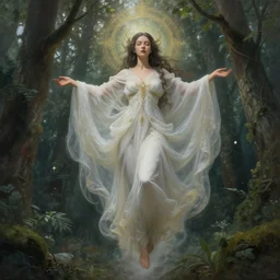 goddess descending over a forest, fantasy, magical, realistic and detailed, spiritual, intricate, elegant, highly detailed, digital painting, trending on artstation, by ruan jia and wlop