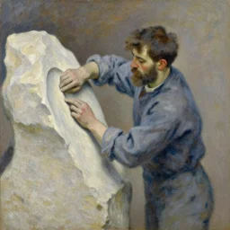 man carving himself out of stone, oil on canvas by claude monet