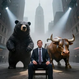 a cinematic wideangle portrait of wall street trader sitting with bear and bull, fog filled, spotlights shine down from the watchtowers, perfectly lit face, ultra realistic, depth, beautiful lighting