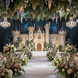 A photograph of inside a castle of a royal wedding floral covered venue inspired by a enchanted ethereal forest.
