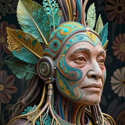 cinema 4d colorful render, organic, ultra detailed, of a beautiful old aboriginal woman face. biomechanical cyborg, analog, macro lens, beautiful natural soft rim light, big leaves and stems, roots, fine foliage lace, turquoise gold details, high fashion haute couture, art nouveau fashion embroidered,  intricate details, mesh wire, mandelbrot fractal, anatomical, facial muscles, cable wires, elegant, hyper realistic, in front of dark flower pattern wallpaper, ultra detailed