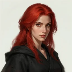 head and shoulder portrait of woman with red hair, black robe, by audia pahlevi, rpg, d & d, pathfinder, deviantart, artstation, detailed face and body, intricate, concept