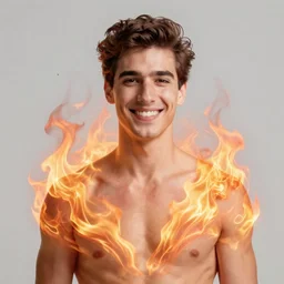 a happy white spanish - jewish man in his early 4 0 s, heavenly fire is enveloping his body and head, the man is wearing a plain t - shirt of burgundy color, art by artgerm