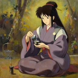 baroque oil painting of anime key visual concept art of anime traditional japanese shinto priestess pouring a cup of tea gracefully, sat in seiza position, award winning, trending on artstation, palette knife! and brush strokes, oil on canvas, makoto shinkai greg rutkowski studio ghibli