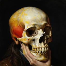 close - up renaissance portrait of a man holding a colorful skull covered in splattered paint. dark lighting. black background. highly detailed science - fiction painting by norman rockwell, moebius, frank frazetta, syd mead, donato giancola. rich colors, high contrast. artstation