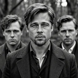 a scene from peaky blinders, medium shot, brad pitt in a dramatic action scene in the woods, sharp eyes, serious expressions, detailed and symmetric faces, black and white, epic photo by talented photographer ansel adams,