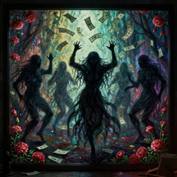 scary, terrifying, evil shadow people dancing, money falling from sky, money falling by gustave dore., back glass painting, carnation, encaustic painting, b - roll, establishing shot, dappled light, crime scene photography, 8 k, vray, unreal engine, blender cycles, colorful