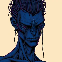 a dark crimson cobalt blue humanoid, hyper detailed, in the style of junji ito and and h. r. giger and junji ito, selfie