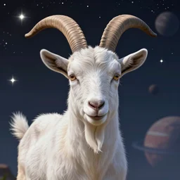 centered detailed portrait of a goat, futuristic, details, intricate, octane render, smooth, illustration, fairy lighting, big stars and planets in the background, hyperrealistic, by dmitry prozorov, loish, and wlop, by artgerm and greg rutkowski and magali villeneuve