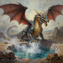 highly detailed oil painting of a western dragon emerging from a hotspring, fantasy, featured on artstation