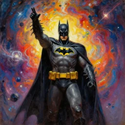 batman achieves godhood and creates a new multiverse. vibrant, cosmos, secret knowledge. oil painting in the style of john singer sargent