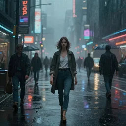 painting. digital art. young woman. [ [ [ [ eva suit ] ] ] ]. walking down busy city street. night. hazy. foggy. raining. neon lights. cyberpunk. greg rutkowski. [ [ [ wlop ] ] ]. cinematic lighting. intricate. beautiful. award winning. trending on artstation.