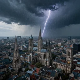 sprawling view of gothic city under meteor rain, fantasy