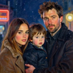 winter, family, colin farrell with jessica alba, with a kid, neon light, detailed faces, painting by gaston bussiere, craig mullins, j. c. leyendecker