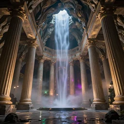 a fantasy elven hall interior in the style of a waterfall cave, huge Greek columns, wet floors, high ceiling, dark moody lighting, foggy atmosphere, bright colors, photo by Denis Villeneuve, low angle view