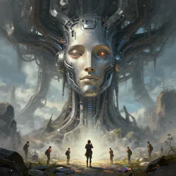 digital painting of tiny people praying to monumental conscious supercomputer with huge - cybernetic - face!!!! in the enormous cybernetic - metal - living tree, trending on artstation, horizon zero dawn style, cyberpunk, sci - fi, futuristic, high quality