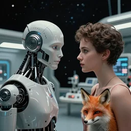 Cinestill 50d, 8K, 35mm,J.J Abrams flare; beautiful ultra realistic minimalistic syd mead in space(1950) film still medical bay scene in 2000s frontiers in blade runner retrofuturism fashion magazine September hyperrealism seinen manga fox in moebius edition, highly detailed, extreme closeup three-quarter android portrait, tilt shift LaGrange point orbit background, three point perspective, focus on portrait of two androids;pointé pose; eye contact, soft lighting