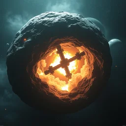 space station exploding inside an asteroid hyper realism, cinematic, volumetric lighting, epic composition, high detail, octane render, unreal engine, 8 k, concept art, 3 d render, digital art, deviantart artstation, ray tracing, apocalyptic, intricate complexity, extremely detailed, very sharp,