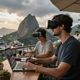 a son, who lives in sao paulo, and a father, who lives in portugal are writing a news column about vr and ai