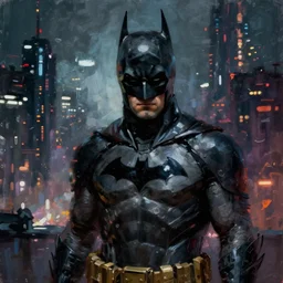 cyberpunk batman, moody, futuristic, city background, brush strokes, oil painting, greg rutkowski