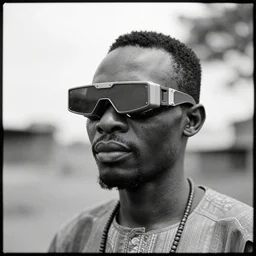 an analogue photo of an Tribal Igbo man wearing a futuristic mech eyewear, national geographic, black & white, 35mm, f/1.4,