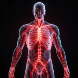 a see through torso display of a bio - electrical humanoid, glowing red veins, centerpiece symmetry