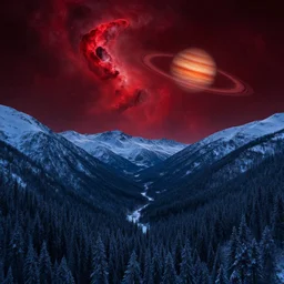A forested valley surrounded by ice mountains at night, a red nebula and orange gas giant with rings in the sky, no clouds, dark red light, sci-fi, photorealistic