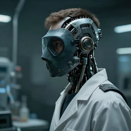 a half - masked observant young laboratory engineer man with cybernetic enhancements as seen from a distance, scifi character portrait by greg rutkowski, esuthio, craig mullins, 1 / 4 headshot, cinematic lighting, dystopian scifi gear, gloomy, profile picture, mechanical, half robot, implants, dieselpunk