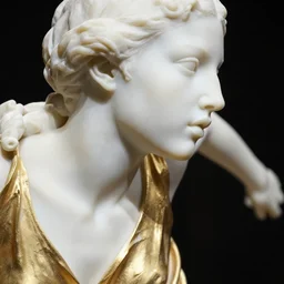 close up of face of a running female fashion model, white marble by auguste rodin, gold plated, valentino dress, highly detailed