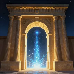 A portal to a luminous dimension, the portal is shaped like the Ishtar Gate, Ishtar Gate, mesopotamic, fantasy, magic portal, art by James Gurney, James Gurney, 8K