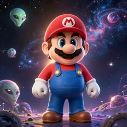 a portrait of an alien cosmic psychedelic Super Mario waiting for you in deep space, by Gerald Blum