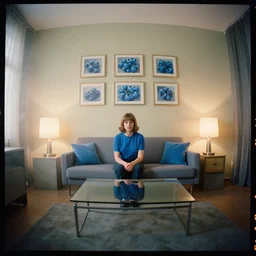 kodak portra 4 0 0, wetplate, 8 mm extreme fisheye, award - winning colour portrait of a livingroom by britt marling : a 1 9 6 0 s room, blueberry, square square picture frames, haze, concrete, shining lamps, 1 9 6 0 s metal furniture, smoke, fog, no people