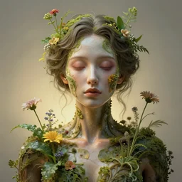 a beautiful detailed front view portrait of a woman corpse with plants and flowers growing, volumetric light, beautiful lit photography