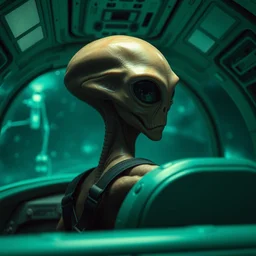 an alien cockpit with an alien looking back over his shoulder, methane atmosphere
