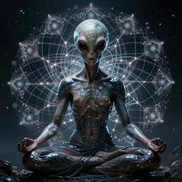 A close-up view of an ancient alien meditating and conjuring fractal web circuits. cosmic environment. Reflective textures. Beautiful dark moody lighting, highly detailed visionary art, trending on artstation. Made with photoshop