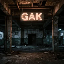An abandoned industial basement lit by a neon sign that says GAK, GAK sign, basement, cinematography by Robby Müller, GAK basement, industrial