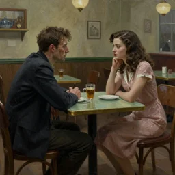 dark oil realistic painting a gaunt man looking at a beautiful brunette woman in a wes anderson cafeteria