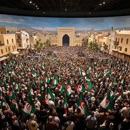hieronymus bosch hirak, 2 0 1 9 algerian protests delights, crowd with algerian flags, diorama, panorama,