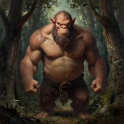 a full body portrait of an angry giant cyclops peering through a treeline, digital painting masterpiece by rembrandt, michelangelo, leonardo da vinci, perfect, gorgeous, cinematic