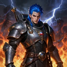 portrait of beautiful gothic young man, warhammer, cyber armor, a lot of scars, thunderstorm and fire, blue head, the middle ages, highly detailed, artstation, illustration, art by jean delville, 8 k quality, art by leon gerome, greg gandy, psychedelic