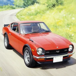 beautiful yoshitaka amano art of a datsun fairlady roadster detailed painting