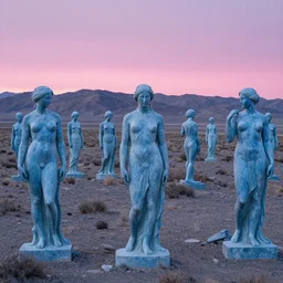 dozens of giant blue marble statues of women in various ruin across a mountainous desert with pink light on the horizon by andreas achenbach and carl gustav carus and thomas cole and delphin enjolras
