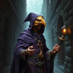 medium shot, acolyte sorcerer, ( ( ( in a purple magician robe ) ) ), with a golden bird mask, dark alley, dark fantasy matte painting by alex horley, trending on artstation