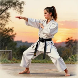 a photorealistic colored pencil sketch of Jane Seymour practicing karate outside a dojo during sunset This 4K HD image is Trending on Artstation, featured on Behance, well-rendered, extra crisp, features intricate detail and the style of Unreal Engine.