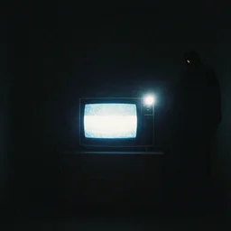 Photograph of an empty room with a TV playing static at night, dusty, wood cabinets, extremely dark room, pitch black, sleep paralysis demon in corner, taken using a film camera with 35mm expired film, bright camera flash enabled, slightly foggy, award winning photograph, creepy, liminal space