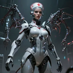 a epic female nurse in cyberpunk powered suit, super complex and instruct, epic stunning atmosphere, hi - tech synthetic rna bioweapon nanotech demonic monster horror by syd mead, michael whelan, jean leon gerome, junji ito