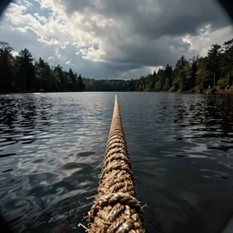 centered photograph of a single line of bron long rope floating on the surface stretching out to the center of the lake, a dark lake on a cloudy day, color film, trees in the background, hyper - detailed photo, anamorphic lens