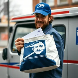 a postal mail carrier delivers mail from a bag featuring the face of post malone